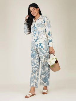 SPARSA - Off White and Blue Printed Cotton Co-Ord Set