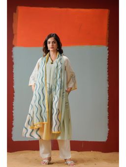 Pratapsons - Sage Abstract Printed Linen Beige Pant Set