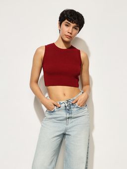 ONLY - Women's Solid Slim Fit Maroon Tank Top