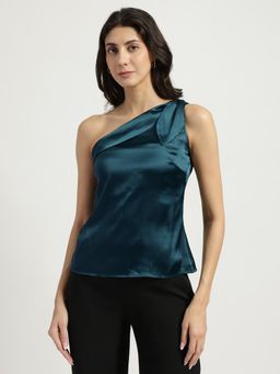 FableStreet - Satin Bow Tie One Shoulder Top - Teal