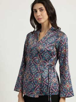 FableStreet - Satin Wrap Floral Printed Top - Blue