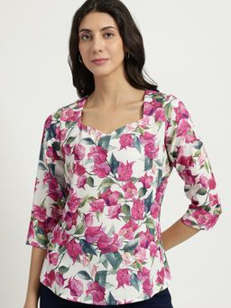 FableStreet - Sweetheart Neck Floral Top - White