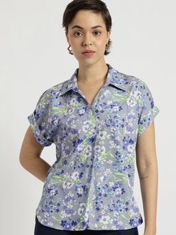 FableStreet - Floral Drop Shoulder Top - Grey