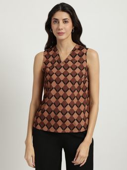 FableStreet - Brown V-Neck Geometric Printed Top