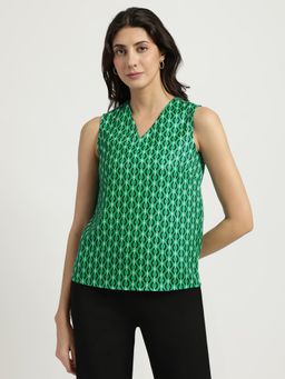 FableStreet - V Neck Printed Top - Green