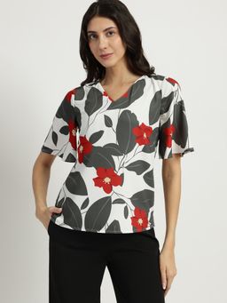 FableStreet - Floral Printed Half Sleeves Top - White