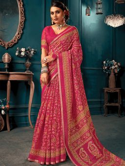 Odette - Womens Pink Cotton Printed Saree with Unstitched Blouse