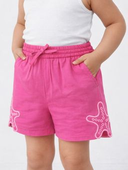 Somersault - Girls Embroidered Pink Cotton Above Knee Shorts