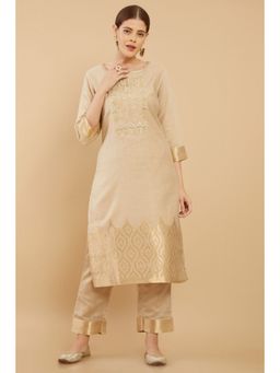Soch - Women Beige Chanderi Embroidered Kurta (Set of 2)