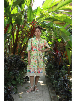 September Spring - Gardenia Tropical Print Midi Dress with Belt (Set of 2)