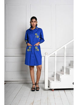 September Spring - Blue 3D Flower Shirt Style Dress