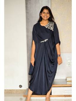 Pink Tree - Navy Blue Embellished Drape Dress