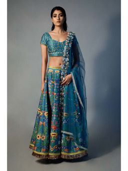 Saksham & Neharicka - Blue Printed And Embroidered Lehenga (Set of 3)