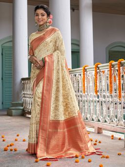 Sangam Prints - Peach Banarasi Silk Woven Work Traditional Tassels Saree with Unstitched Blouse