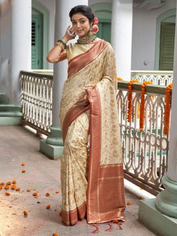 Sangam Prints - Rust Banarasi Silk Woven Work Traditional Tassels Saree with Unstitched Blouse