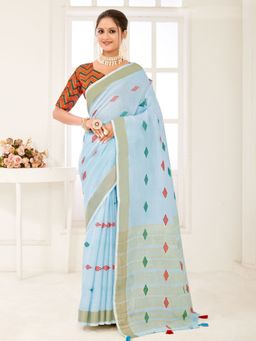Sangam Prints - Sky Blue Banarasi Silk Woven Work Traditional Tassels Saree with Unstitched Blouse