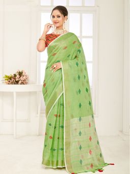Sangam Prints - Light Green Banarasi Silk Woven Work Traditional Tassels Saree with Unstitched Blouse
