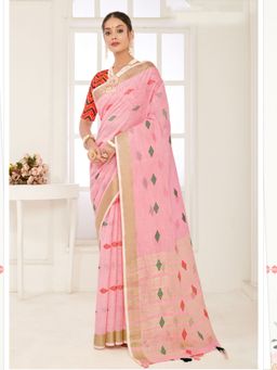 Sangam Prints - Pink Banarasi Silk Woven Work Traditional Tassels Saree with Unstitched Blouse