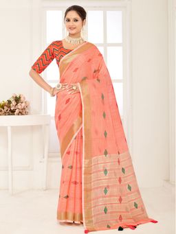 Sangam Prints - Peach Banarasi Silk Woven Work Traditional Tassels Saree with Unstitched Blouse