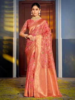 Sangam Prints - Peach Banarasi Silk Woven Work Traditional Tassels Saree with Unstitched Blouse