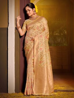 Sangam Prints - Cream Banarasi Silk Woven Work Traditional Tassels Saree with Unstitched Blouse