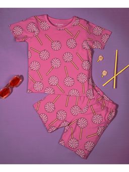 Be Awara - Half Sleeves Cotton T-shirt & Shorts Lollypop Print Pink (Set of 2)