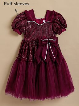 Hopscotch - Girls Burgundy Embellished Blended Fabric Dress