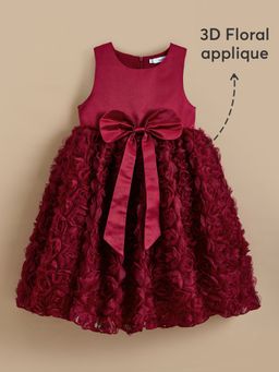 Hopscotch - Girls Burgundy Floral Blended Fabric Dress