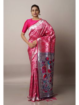 Unnati Silks - Pink Paithani Silk Saree with Unstitched Blouse