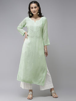 ADA - Ethnic Motifs Lucknowi Chikankari Green Viscose Georgette Kurta