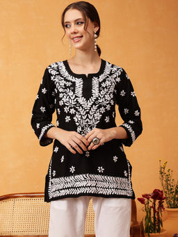 ADA - Ethnic Motifs Lucknowi Chikankari Black and White Muslin Kurti