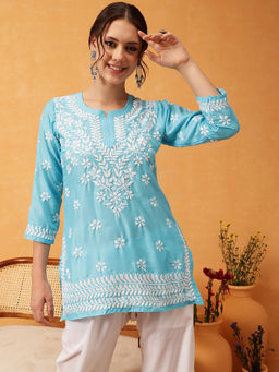 ADA - Ethnic Motifs Lucknowi Chikankari Blue and White Muslin Kurti