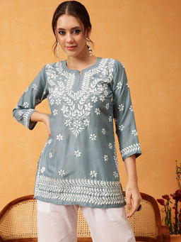 ADA - Ethnic Motifs Lucknowi Chikankari Grey and White Muslin Kurti