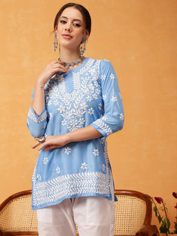 ADA - Ethnic Motifs Lucknowi Chikankari Ink Blue and White Muslin Kurti