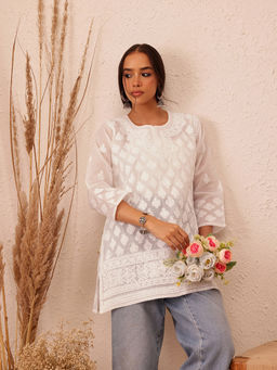 ADA - Ethnic Motifs Lucknowi Chikankari White Cotton Kurti
