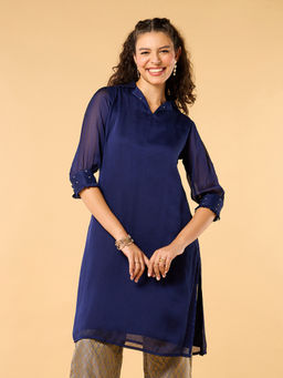 SAAKI - Regal Odessey Navy Blue Embroidered Kurta