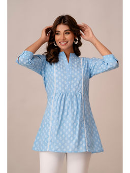 Kohsh - Blue Women Cotton Motif Printed Peplum Tunic