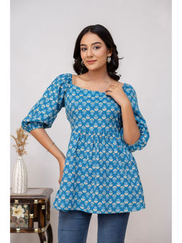 Kohsh - Blue Women Cotton Motif Floral Printed On Katha Weave Peplum Tunic