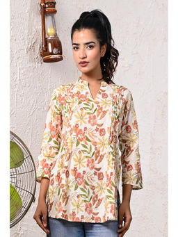 Kohsh - Off-White Women Cotton Floral Print Regular Tunic