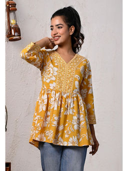 Kohsh - Yellow Women Cotton Floral Print Peplum Tunic