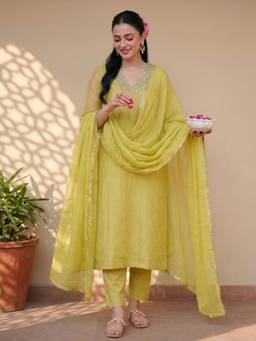 Ambraee - Women Green Embroidered Cotton Kurta and Pant with Dupatta