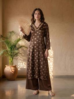 Ambraee - Women Brown Solid/Plain Cotton Kurta with Pant