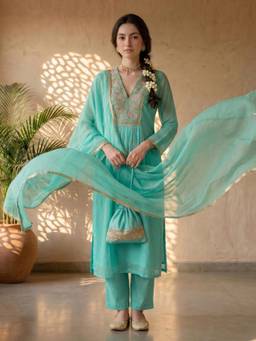 Ambraee - Women Turquoise Embroidered Cotton Kurta and Pant with Dupatta
