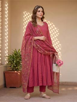 Ambraee - Women Magenta Embroidered Cotton Anarkali Kurta and Pant with Dupatta