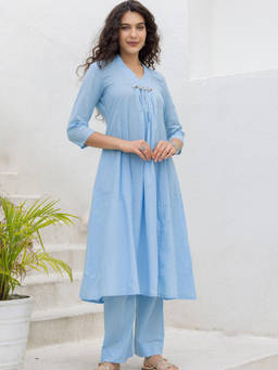 Ambraee - Women Blue Solid/Plain Cotton Anarkali Kurta with Pant