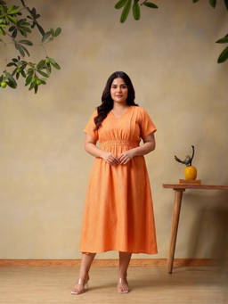 Bani Women - Women Coral Solid/Plain Linen Blend Dress
