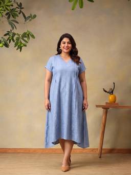 Bani Women - Women Blue Pleated Linen Blend Dress