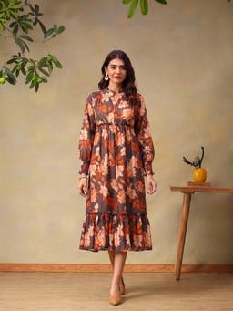 Bani Women - Women Brown Floral Muslin Dress