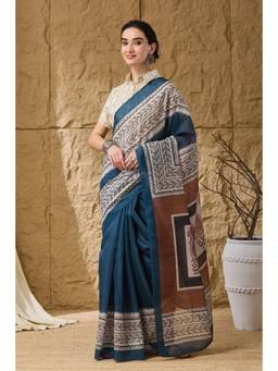 RACHNA - Women Blue Printed Silk Blend Saree with Unstitched Blouse