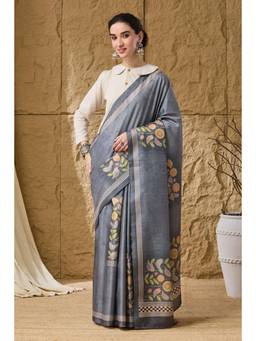 RACHNA - Women Grey Printed Silk Blend Saree with Unstitched Blouse